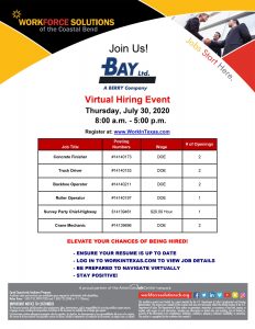 Bay Ltd. Virtual Hiring Event - Thursday, July 30, 2020 - Register at www.workinTexas.com