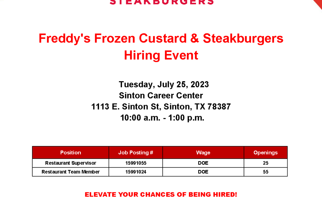 Freddy’s Frozen Custard & Steakburgers Hiring Event July 2023